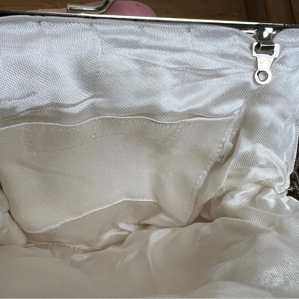 BEADED CLUTCH BAG. Silver Seed and Bugle Beads. White Satin Inside. Kiss Lock